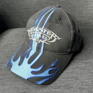 Monster Garage Black Strapback Hat Embroidered Cap Adjustable Blue Flames